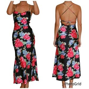 Hello Molly Blooming Light Midi Floral Lace Up Back Sleeveless Dress- Size Large